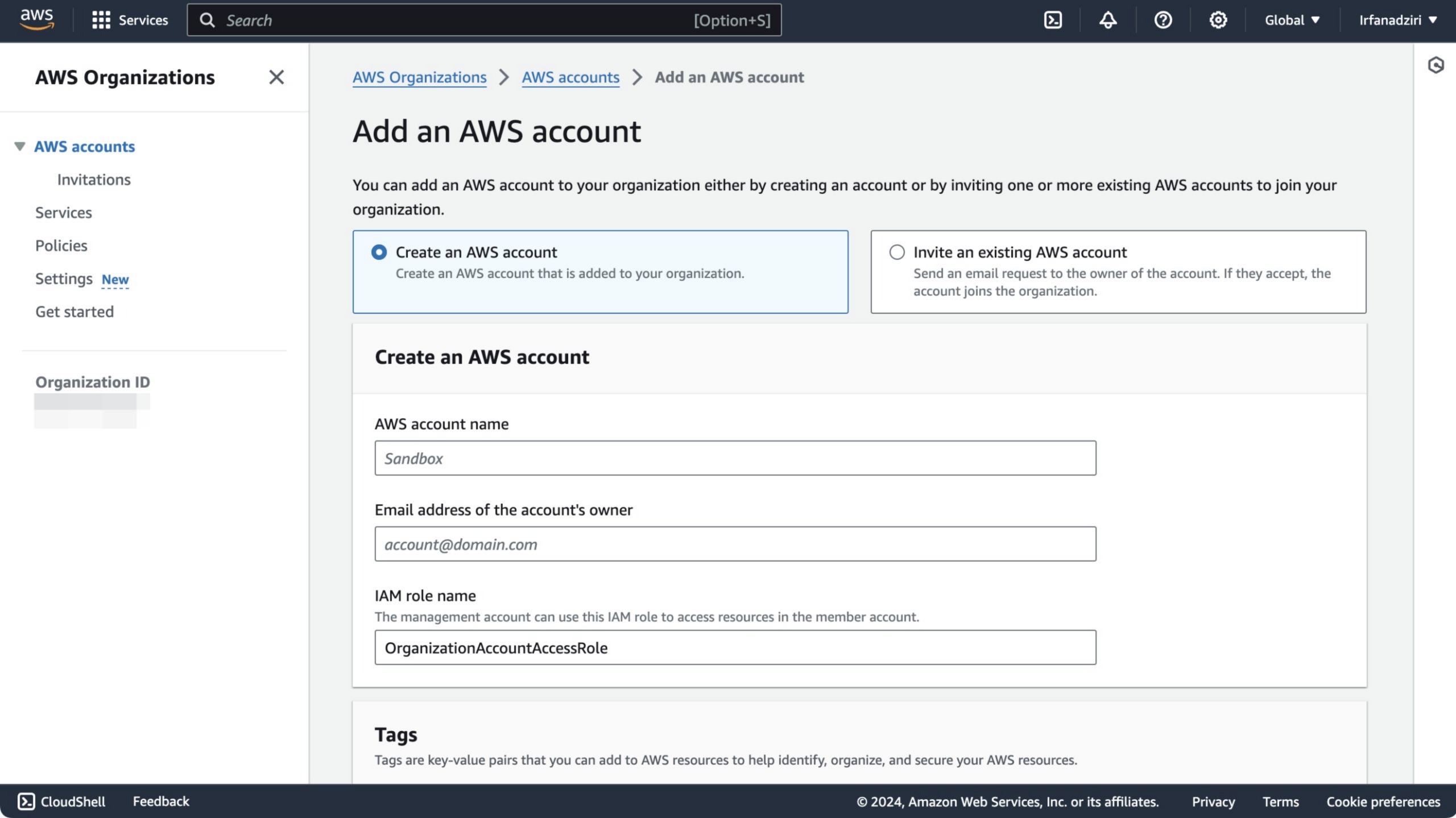 AWS Organizations Add New Account